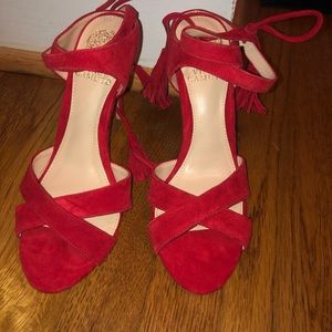 Red Vince Camuto Suede Strappy Criss-Cross Heels w/ tassel. Size 7! Worn 1x EUC